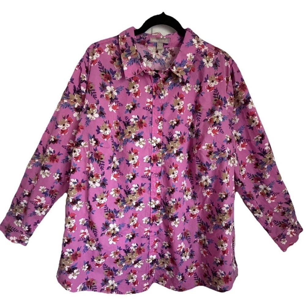 Woman Within Womens 22/24 Pink Floral Button Long Sleeve Tunic Top Plus Cottage
